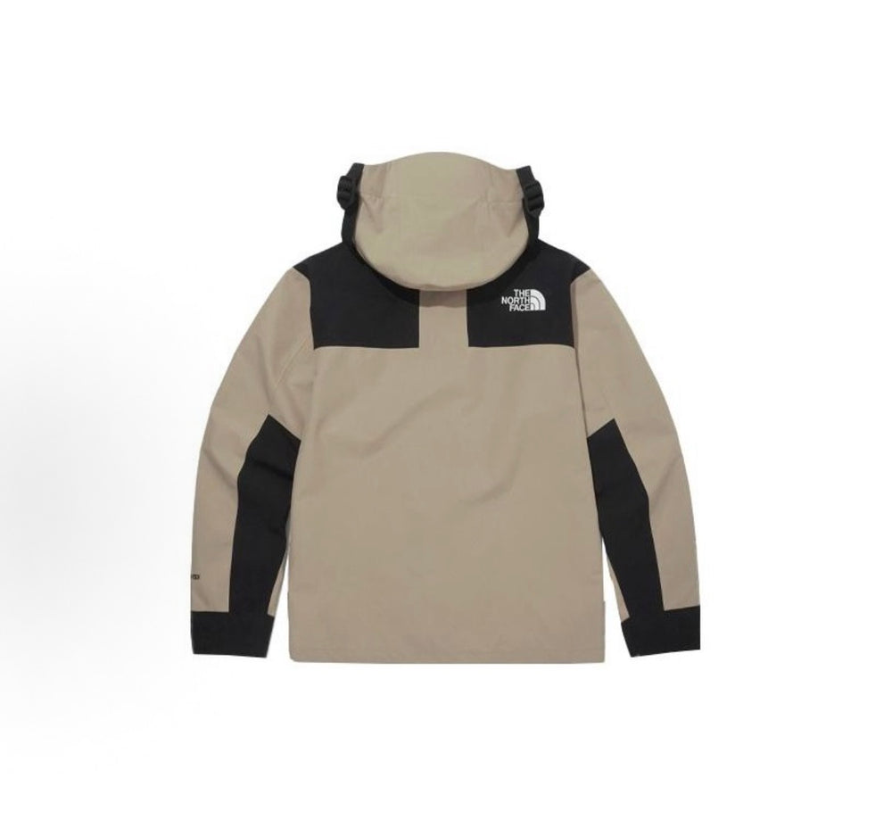 North Face hooded jacket, tan body with black sleeves and logo