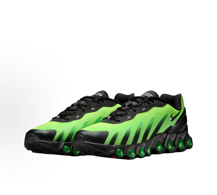 Nike Air Max Dn8 side view pair, neon green and black upper with Air Max-style pods