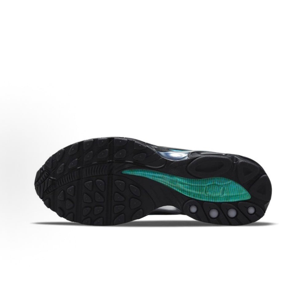 Nike Air Max Tailwind 5 sneakers outsole view, black tread with teal midfoot insert