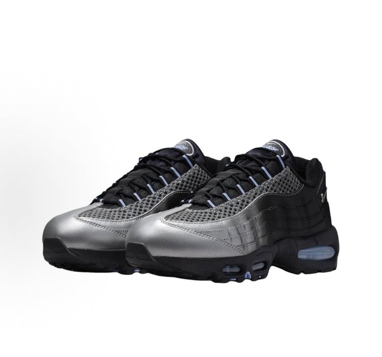 Chunky Air Max sneakers, metallic silver upper with black overlays and black laces