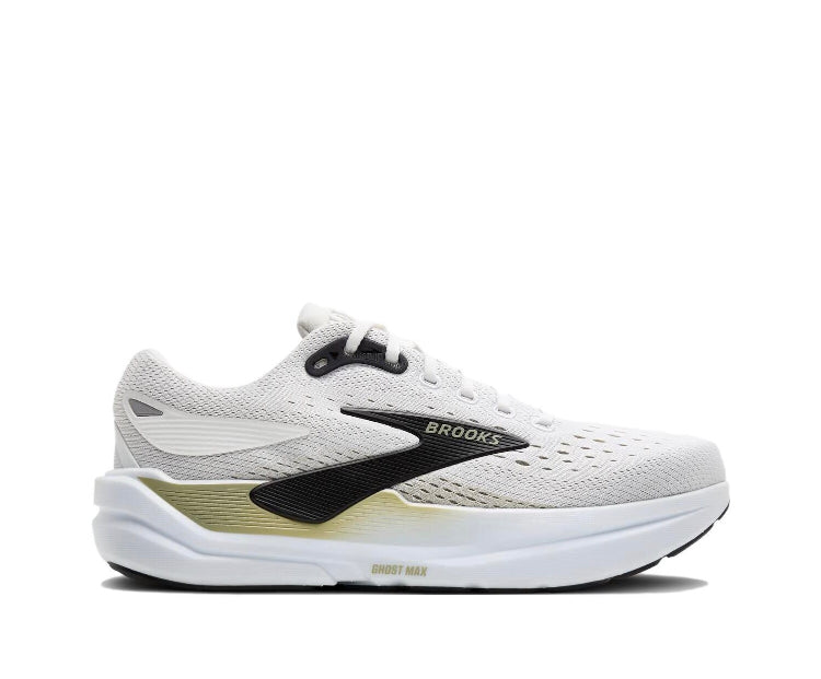 White running shoe with black stripe, light green midsole details, white sole