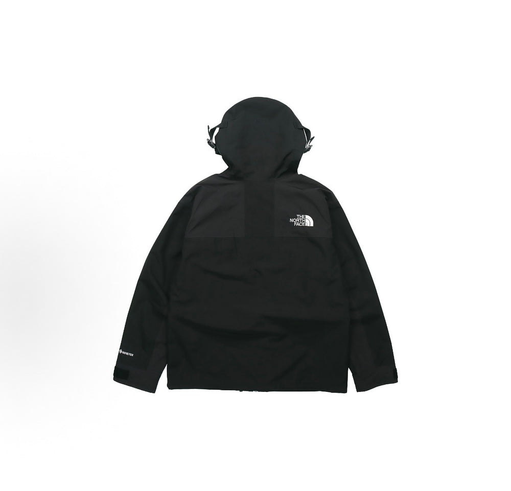 Black hooded jacket with drawstring, back logo, snap-button front