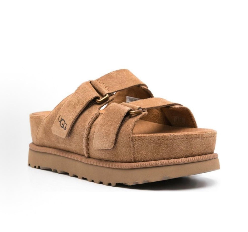 UGG Goldenstar Hi slide sandals with two buckled straps and side stitching, suede