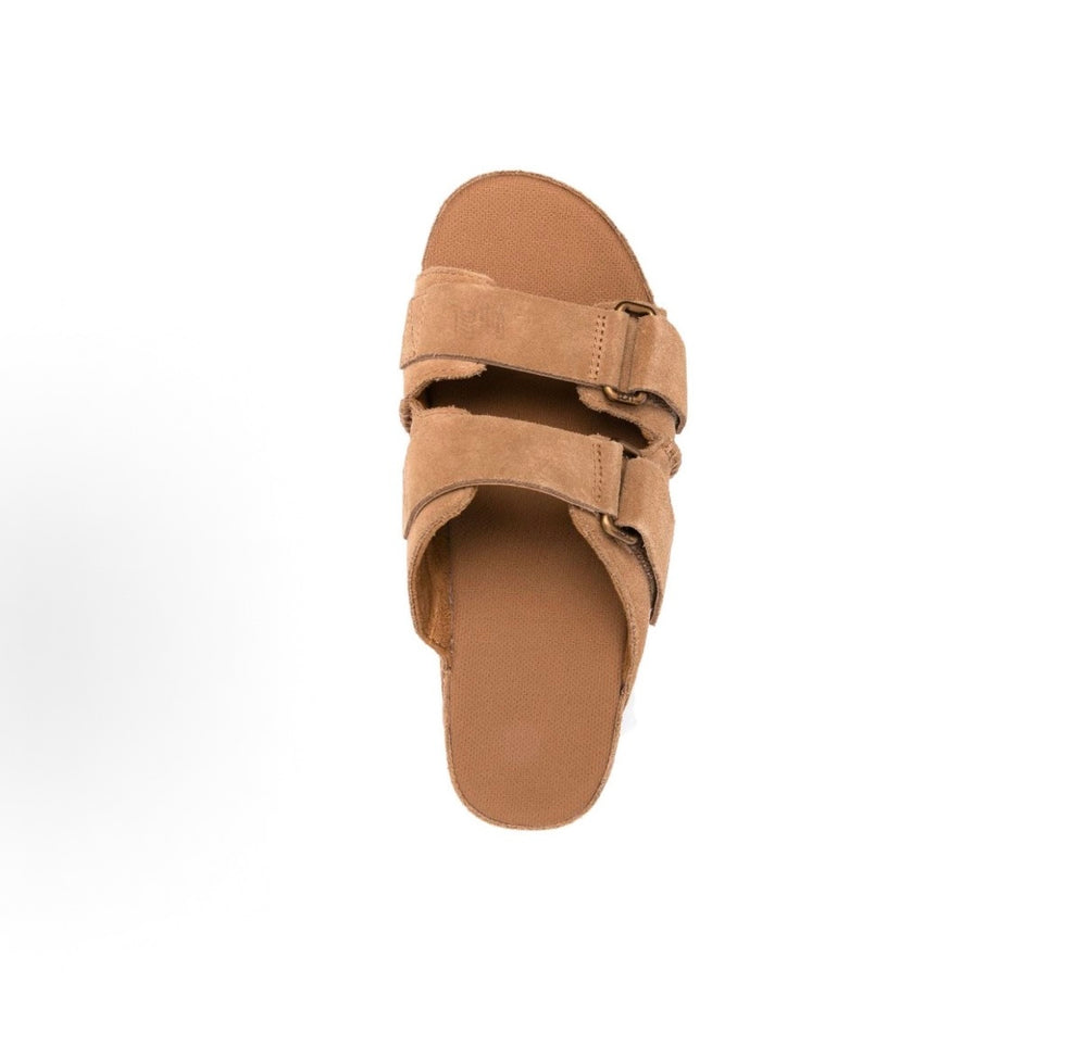 UGG Goldenstar Hi slide sandals with open toe and buckled straps, brown suede