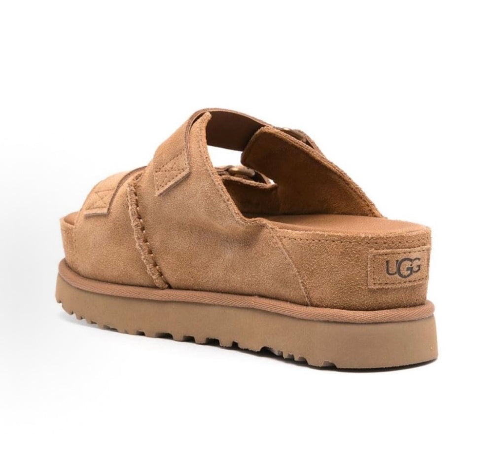 UGG Goldenstar Hi slide sandals, suede with UGG logo patch and textured outsole